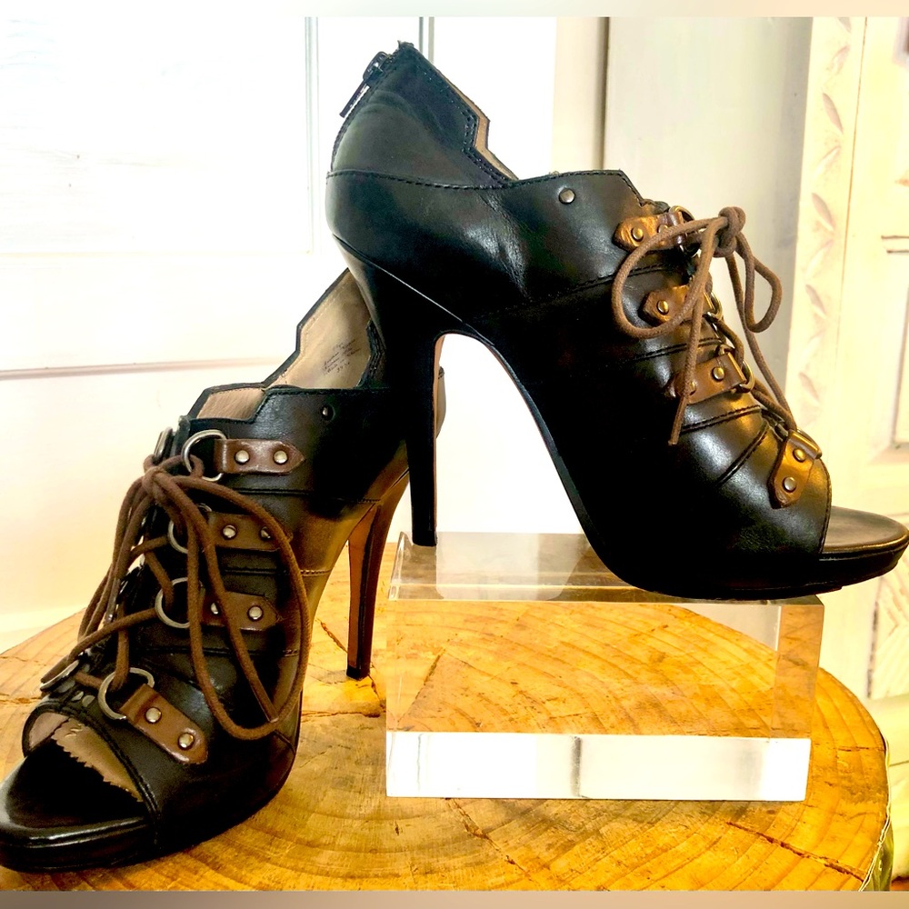 Jean Michel Cazabat Black and Brown Stiletto Heels with Peep-Toe and Lacing